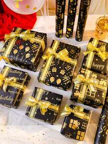 3 Stücke/1 Stück/ schwarzes & goldenes Geburtstags-Geschenkpapier aus Folie, mit goldenem "Alles Gute zum Geburtstag" Text, Ballon- und Geschenkbox-Musterdesign, geeignet für Feiertags-Geschenkverpackung und Blumenstrauß-Dekoration, anwendbar für Geburtstagsfeiern und Themenpartys - Eine Grösse passt allen - Übersicht 7