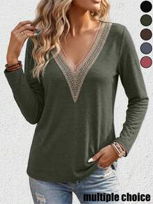 3pcs Women's Autumn Long Sleeve V-Neck Lace Detail Knit T-Shirt Regular Fit Top - Army Green + Dark Brown + Dark Blue - View 3