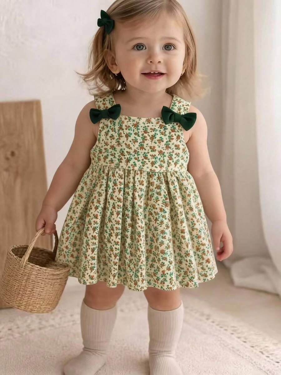 Girls' Light Yellow Floral Strap Dress, Green Bowknot Decor, Summer Baby Princess Dress - Green - View 1