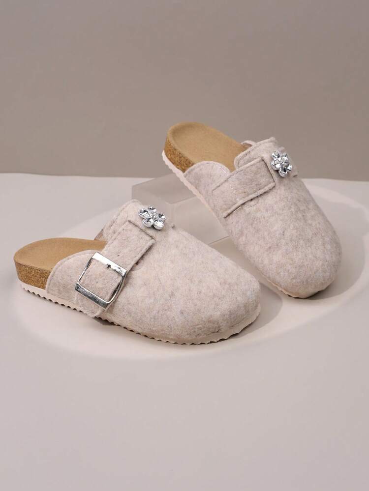 1 Pair Girls' Rhinestone Flower Decor Wool Blend Fabric Soft Breathable Lightweight Non-Slip Round Toe Closed Toe Metal Square Buckle Adjustable Strap Flat Half-Slip-On Shoes, Gentle Minimalist Slouchy Children's Casual Half-Slip-On Shoes For Spring/Autumn Home, Walking, Daily Wear - Beige - View 2