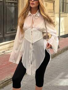 Women's Floral Applique Waist Tie Lapel Button-Down Flare Sleeve Blouse, Romantic Casual Commute Vacation Spring Autumn Shirt - White - View 2