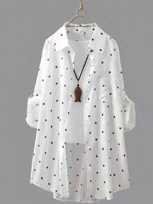 Women's White Polka Dot Long Shirt, Collared, Long Sleeve, Front Button Pocket, Regular Hem, Rolled Sleeve, Flowy Breathable Lightweight Shirt, Summer Beach Vacation Sun Protection Outerwear Spring - White - View 1