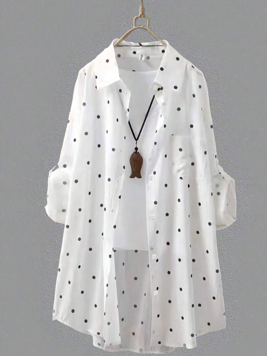 Women's White Polka Dot Long Shirt, Collared, Long Sleeve, Front Button Pocket, Regular Hem, Rolled Sleeve, Flowy Breathable Lightweight Shirt, Summer Beach Vacation Sun Protection Outerwear Spring - White - View 1