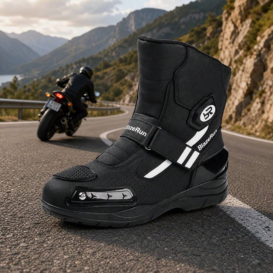 New Men's Professional Motorcycle Boots, Suitable For Racing, Training And Combat, Fashionable Motorcycle Shoes, Riding Shoes, With Rotary Buckle, PU Upper Motorcycle Shoes - Black and White - View 1