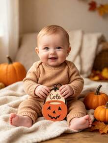 Customized Name Wooden Halloween Pumpkin Bucket Pendant (Pendant Only) - Personalized Children's Halloween Tag, Parenting Bag Charm, No Cushion, Baby Gift, Autumn Halloween Wooden Pumpkin Decor, With Rope, Pumpkin, Skull, Ghost, And Farmhouse Style Multi-Layer Hanging Decoration, Suitable For Autumn, Party Decoration - Multicolor - View 3