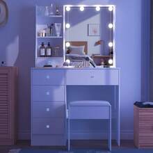 Teousev Dressing Table With LED Lights Mirror & Stool, Vanity Makeup Table With 5 Drawers, Open Storage Shelves, 3 Colour Adjustable Light, Lockable Drawers, White Cosmetic Desk For Bedroom - White - View 4