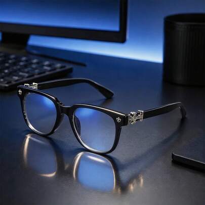 Gafas Unisex Cuadradas Anti Luz Azul  con Bisagras Cruzadas Doradas, Montura Negra Transparente, Gafas Anti-Fatiga para Computadora
