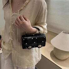 PU Women's Shoulder Crossbody Bag Cute Polka Dot Double Belt Decor Handbag Multi-Use Storage Holiday Gift Birthday Present Small Bag - Black - View 5