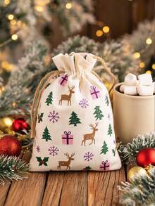 Kantong Serut Natal Vintage, Motif Pohon Natal, Rusa Kutub, dan Kado, Tas Penyimpanan Kecil yang Dapat Digunakan Kembali, Cocok untuk Permen Pesta Natal, Perhiasan, Kosmetik, dan Kemasan Kado. - beraneka warna - View 3
