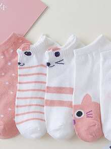 5 Pairs Pink Cartoon Cat Casual Versatile Short Socks - Multicolor - View 5