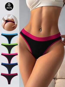 5pcs Color Block Low Waist Seamless Sexy Women's Thong Panties, Elastic Comfortable Ladies Underwear - Multicolor - View 2