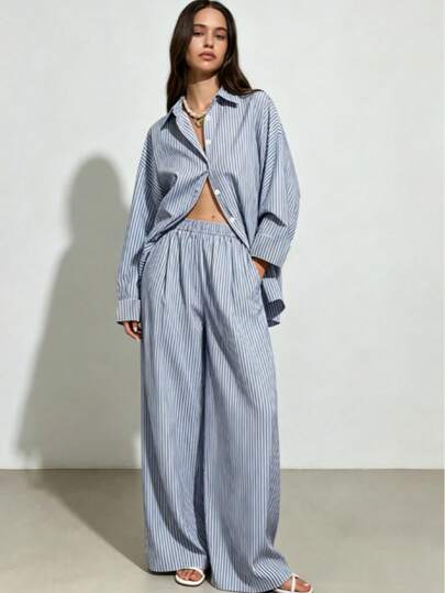 Women's Striped Loose Shirt And Wide Leg Pants 2 Pieces Set, Casual Fashion, Suitable For Vacation, Daily, Summer Women's Clothing Elegant