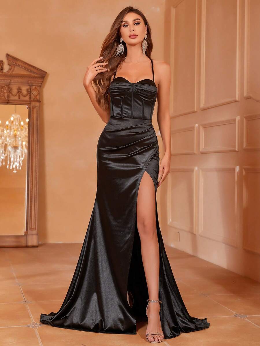 Faeriesty Pleated Bust Backless Tie-Up High Slit Satin Slip Dress