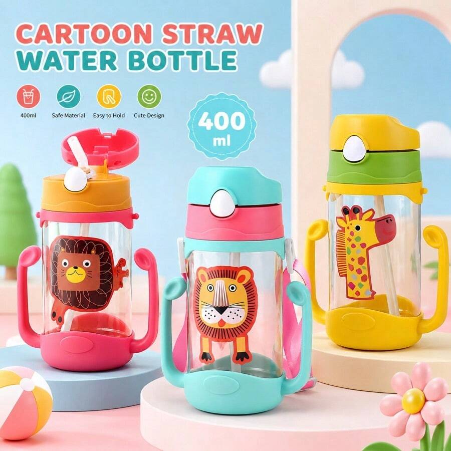 1pc 400ml/13oz Cartoon Straw Water Cup, Dual Handle Straw Cup, Safety Lock, Convenient Strap, Suitable For Daily Use - Multicolor - View 1