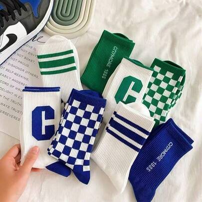 1/2/4/8 Pasang Kaos Kaki Setengah Betis Bergaris Hijau & Aneka Warna, Kaos Kaki Olahraga Luar Ruangan Unisex yang Lembut & Nyaman