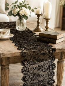 1件 14*118英吋蕾絲桌旗，刺繡波希米亞風婚禮桌旗，萬聖節桌布復古鄉村蕾絲布料桌旗，適用於婚禮派對新娘婚前派對裝飾、萬聖節裝飾 - 黑色 - 查看 3