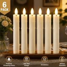 6入組無焰LED錐形蠟燭，滴蠟效果，3D逼真火焰，塑膠材質，電池供電，適用於燭台、壁爐、壁爐架、樓梯扶手、餐桌中心裝飾，婚禮、聖誕派對裝飾，不含電池 - Beige-6pack - 查看 3