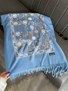1件女款秋冬仿羊絨刺繡圍巾，加厚保暖流蘇披肩斗篷，波希米亞風旅行披肩 - 藍色 - 查看 3