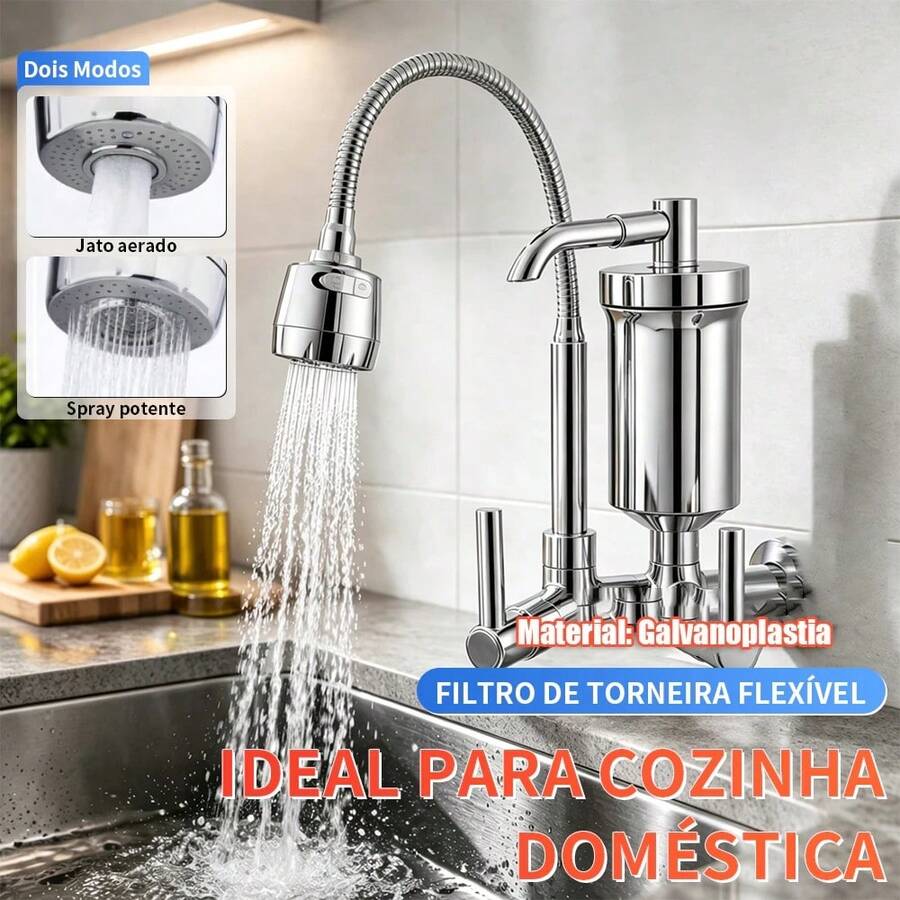 Torneira Com Filtro Tubo Flexível para Cozinha Gourmet Pia Parede Cone Abs 2 Modos de Jato