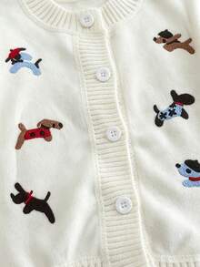 Cárdigan de punto con bordado de cachorro nuevo de otoño para niñas, chaqueta de punto de dibujos animados versátil y elegante para niños pequeños - Blanco - Ver 3