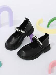Giày Mary Jane cho bé gái màu đen đính ngọc trai, khóa dán, phù hợp mặc hàng ngày và đi học mùa xuân/thu - màu đen - Xem 2