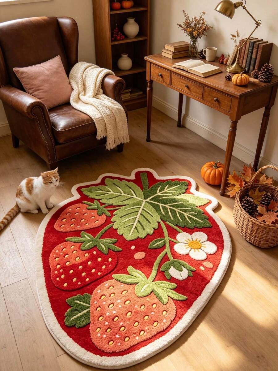 1pc Strawberry Decor Rug, Bedroom Decor, Small Rug, Carpet, Home Decor, Living Room Rug, Living Room Small Rug, Bedroom Rug, Living Room Home Decor, Outdoor Rug, Washable Rug, Graduation Gift - Strawberry - View 1