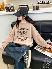Kids' Casual Loose Crewneck Sweatshirt, Letter And Heart Print, Long-Sleeve Pullover, Suitable For Daily Wear In Spring And Autumn, Fashionable - Apricot - View 1