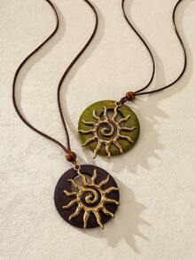 Nocturel 1pc Fashionable & Versatile Spiral Sun Shaped Alloy Pendant Long Necklace, Bohemian Style Beaded Round Disc Choker Necklace - Beads - View 1