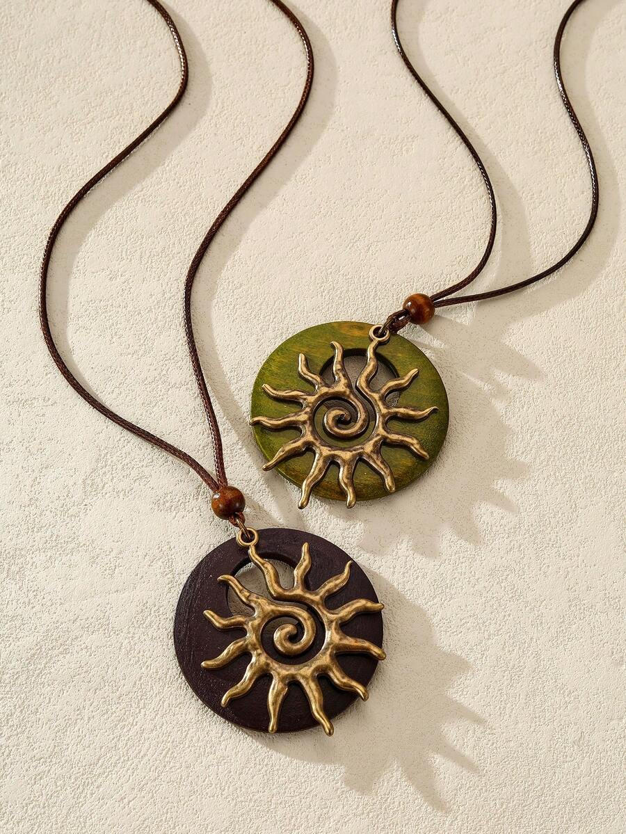 Nocturel 1pc Fashionable & Versatile Spiral Sun Shaped Alloy Pendant Long Necklace, Bohemian Style Beaded Round Disc Choker Necklace - Beads - View 1