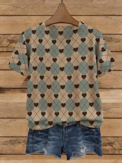ADFHP Women's Summer Lightweight Breathable Short Sleeve Knit Top, Vintage Collegiate Style Argyle Heart Print, Loose Drop Shoulder Drapey Versatile Blouse