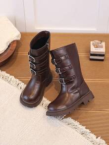 Girls' Brown Tall Riding Boots With Metal Buckle And Side Zipper, Warm Long Boots For Autumn/Winter - Brown - View 5