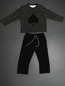 Plus Size Men's 2 Pieces Set, Men's Wide Leg Pants, Long Sleeve Graphic T-Shirt, Streetwear "Text Spade Heart Contrast Print" Pattern Outfit - Polyester Fabric, Drawstring, Pockets, Suitable For Plus Size Body - Black - View 2