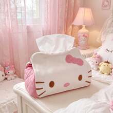 SANRIO 1個 Hello Kitty 粉色與白色圖案面紙盒，日系可愛軟布面紙收納盒，附蝴蝶結刺繡，適合臥室、客廳、辦公室、宿舍及返校裝飾 - 彩色 - 查看 1
