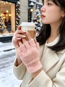 1 Pair Of Women's Open Finger Knitted Plush Gloves, Suitable For Winter Gloves, Essential For Travel And Keeping Warm - One Size - View 2