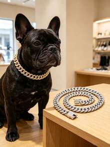 1pc Icy Cuban Link Pet Collar, Shiny Rhinestone Gold & Silver Dog Necklace, Sparkling Diamond Pet Collar, Suitable For Small Dogs & Cats, Fashion Pet Accessory, Birthday & Holiday Gift For Pet Lovers - Multicolor - View 3