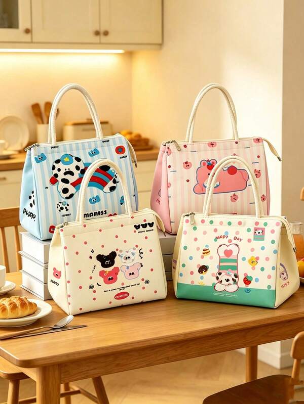 1pc Japanese Cute Style Animal Print Handheld Lunch Bag, Woven Handle, Adorable Pet Pattern, Thickened Inner Layer Insulation, Portable For Students, Office, Picnic, Outdoor, Daily Use, All Seasons, Back To School, Christmas Gift