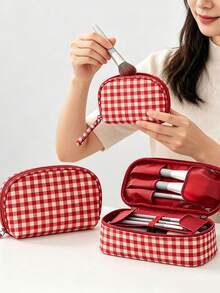 Portable Travel Makeup Bag - Classic Red Plaid Design - Fashionable Design - Easy To Carry - Multi-Functional Portable Storage Bag - Lipstick And Eyebrow Pencil Storage Bag - Makeup Storage Bag - Multicolor - View 3