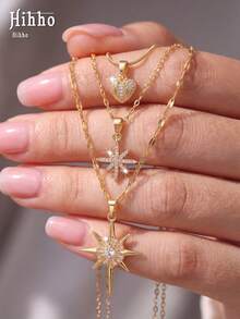 Hihho 3pcs/Set Kalung Rantai Multilayer Eropa & Amerika, Kalung Berlapis Emas dengan Berlian Imitasi Berkilau, Aksesori Fashion Serbaguna untuk Wanita - Set Kalung - View 1