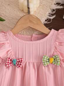 Autumn/Winter Minimalist Sweet Style A-Line Ruffle Bow Long Sleeve Dress For Toddler Girls, Suitable For Garden And Family Gatherings - Pink - View 3