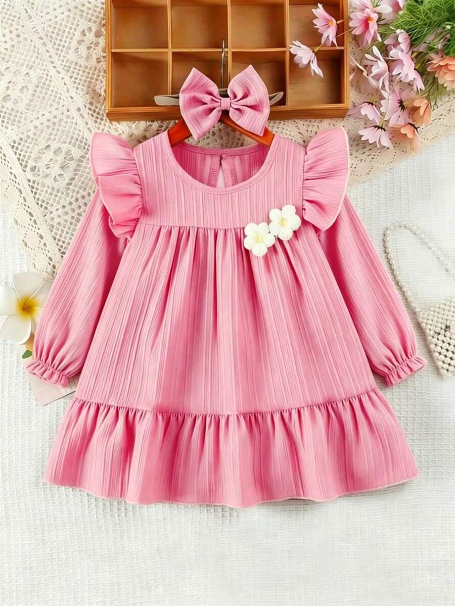 Gaun Bayi Lengan Panjang, Lengan Bergelombang dengan Dekorasi Bunga 3D, Cocok untuk Jalan-jalan Sehari-hari dan Acara Kecil - Berwarna merah muda - View 1