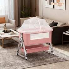 Nawahev 4-In-1 Baby Bassinet Bedside Sleeper, Adjustable 6 Height Levels, Lockable Wheels, Mosquito Net & Large Storage Basket For Infant - Pink - View 7