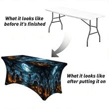 1pc Halloween Pattern Printed High Elasticity Tablecloth With Elastic Edge - Stretch Fit, Washable And Reusable Table Cover Suitable For Dining Table, Buffet Table, Dessert Table, Banquet, Holiday Party Decoration, Halloween, Birthday, Wedding - Suitable For Kitchen Use - Multicolor - View 7