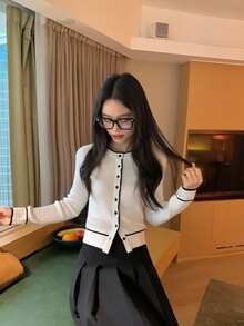 Elegant Round Neck Knit Cardigan Women Colorblock Design Fitted Long Sleeve Top - White - View 6
