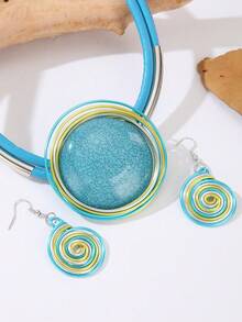 European American African Niche High-End Vintage Colorful Resin Necklace & Earrings - Baby Blue - View 4
