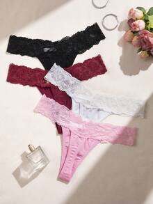 4pcs Lace Patchwork Women's Cotton Low-Rise Thong Panties - Multicolor - View 2