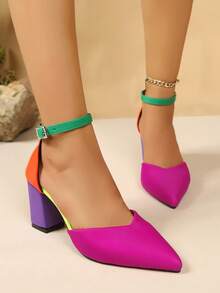 Sandal Wanita Elegan dengan Ujung Lancip dan Warna Kontras, Gesper Rhinestone, Sepatu Hak Tebal Nyaman, Cocok untuk Pesta dan Kencan - MultiWarna - View 4