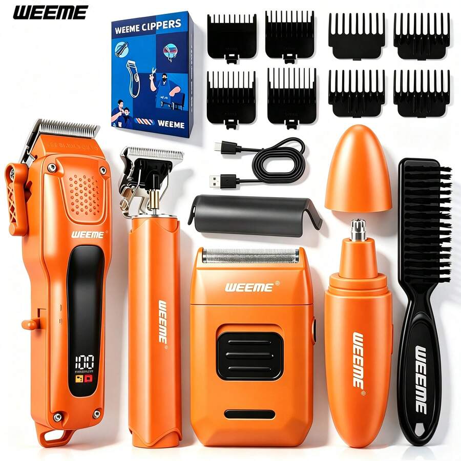 WEEME 4PCS Professional Hair Clipper Set, Cordless Electric Trimmer With LED Display, 8 Guide Combs, USB Rechargeable Barber Kit For Men - Orange