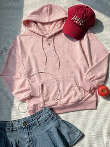 Women's Autumn/Winter Loose Minimalist Washed Texture Sweatshirt, Casual Fashion Versatile New Style, Thermal Lined Hooded Sweatshirt - Pink - View 2