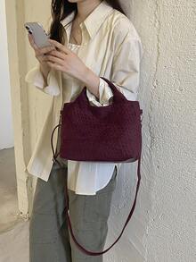 女款編織托特包紋理手提包 雙手柄肩背包 可調節肩帶 復古優雅風格 適合日常工作購物旅行 - 酒紅色 - 查看 7