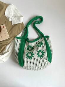 女款針織鏤空花卉圖案柔軟面料單肩手提包，休閒日常夏季海灘購物包 - 綠色 - 查看 6